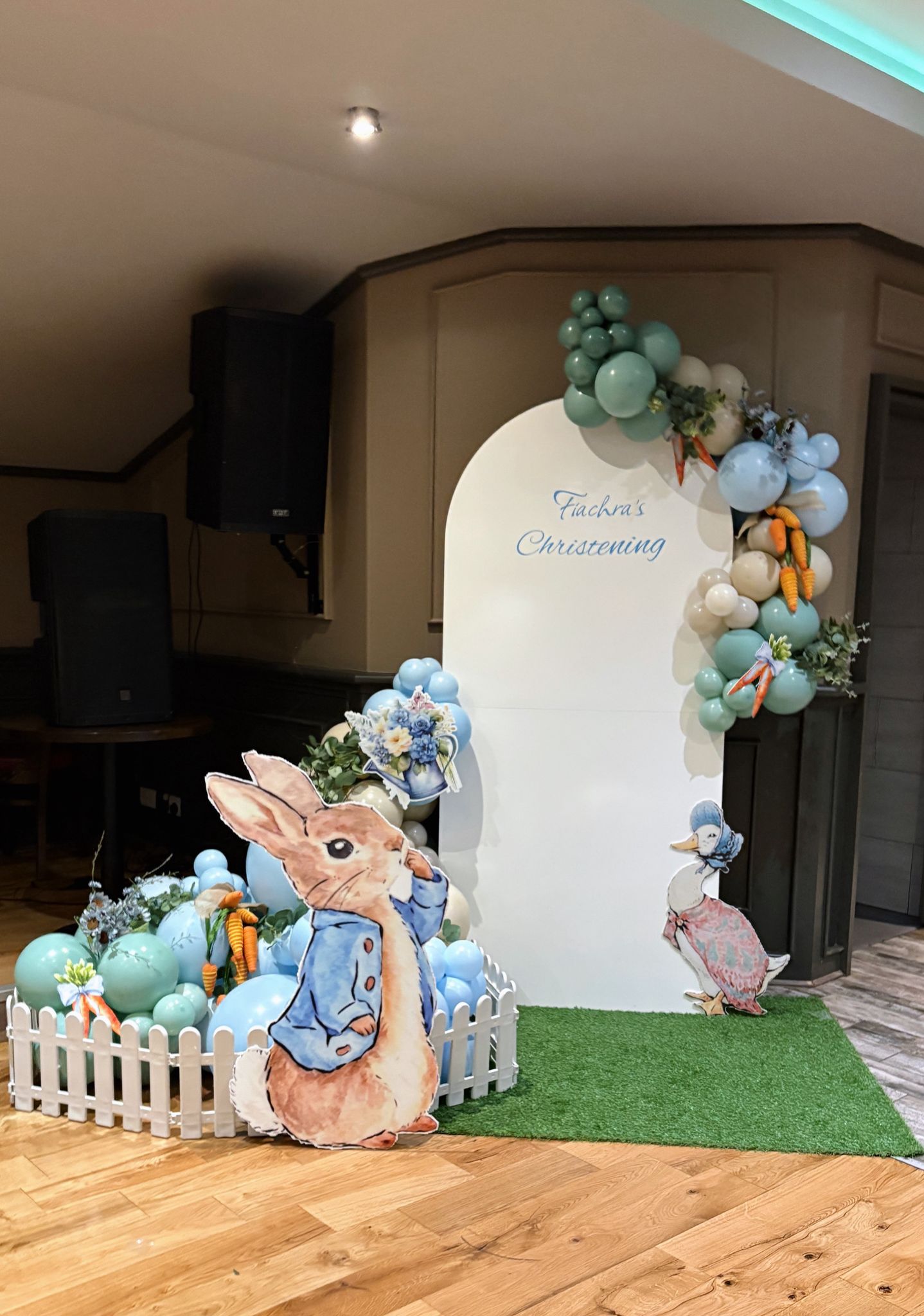 Peter Rabbit themed Christening wooden sailboard setup