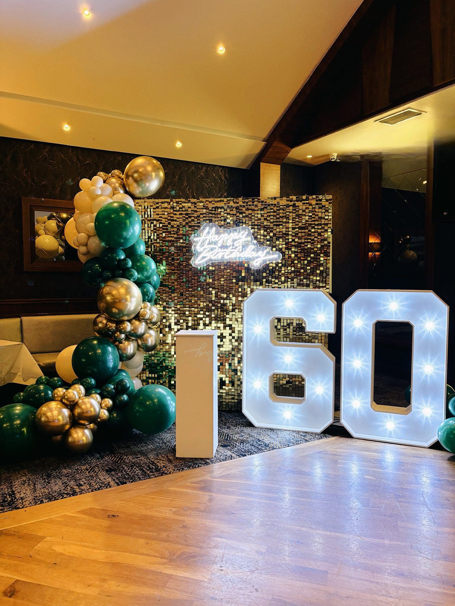 60th birthday green and gold shimmer wall display